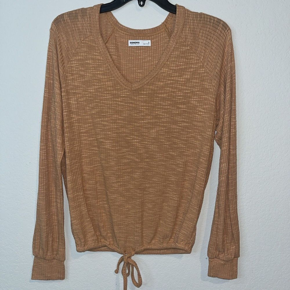 Sonoma Woman’s Small V Neck Sweater Long Sleeve Cinch Waist Ribbed Orange